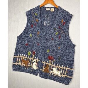 Bobbie Brooks Womens Cotton Knit Vest 26W Applique Fall Dogs Novelty Whimsical